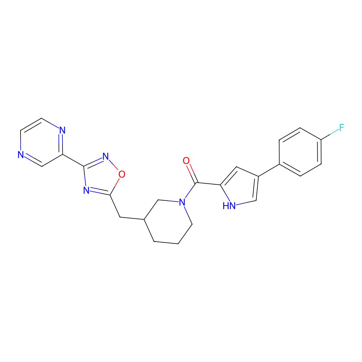 (4-(4-fluorophenyl)-1H-pyrrol-2-yl)(3-((3-(pyrazin-2-yl)-1,2,4-oxadiazol-5-yl)methyl)piperidin-1-yl)methanone molecular structure, CAS 1705440-51-2