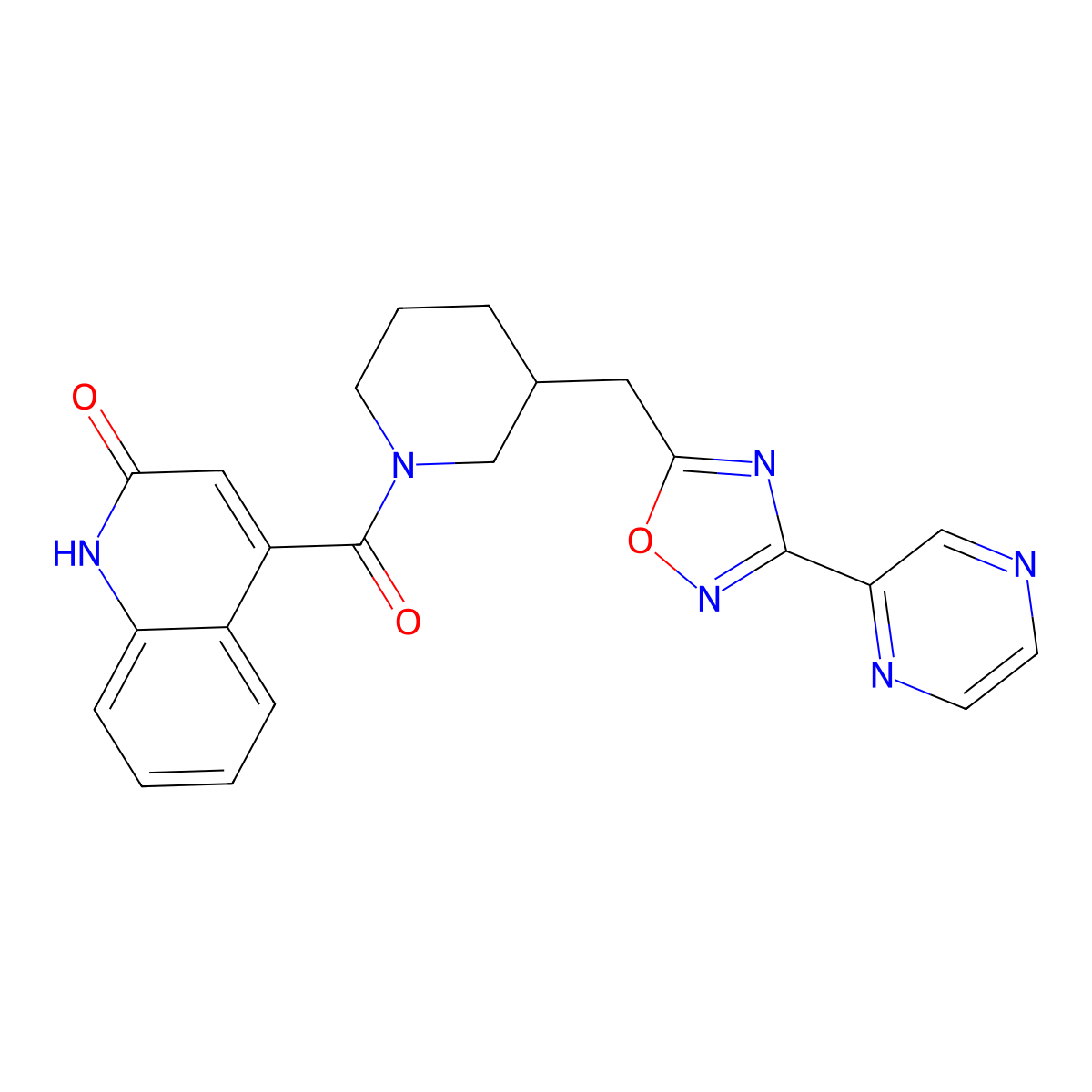 (2-Hydroxyquinolin-4-yl)(3-((3-(pyrazin-2-yl)-1,2,4-oxadiazol-5-yl)methyl)piperidin-1-yl)methanone molecular structure, CAS 1705440-67-0