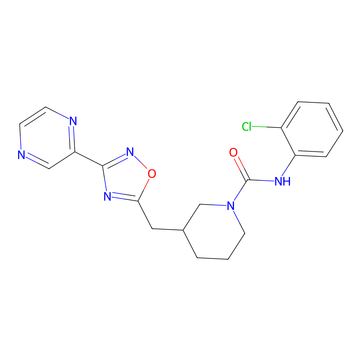 N-(2-chlorophenyl)-3-((3-(pyrazin-2-yl)-1,2,4-oxadiazol-5-yl)methyl)piperidine-1-carboxamide molecular structure, CAS 1705440-77-2