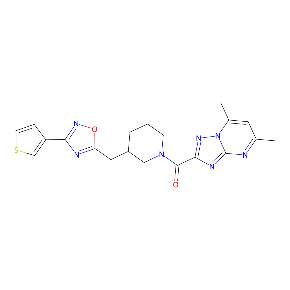 (5,7-Dimethyl-[1,2,4]triazolo[1,5-a]pyrimidin-2-yl)(3-((3-(thiophen-3-yl)-1,2,4-oxadiazol-5-yl)methyl)piperidin-1-yl)methanone molecular structure, CAS 1705441-62-8