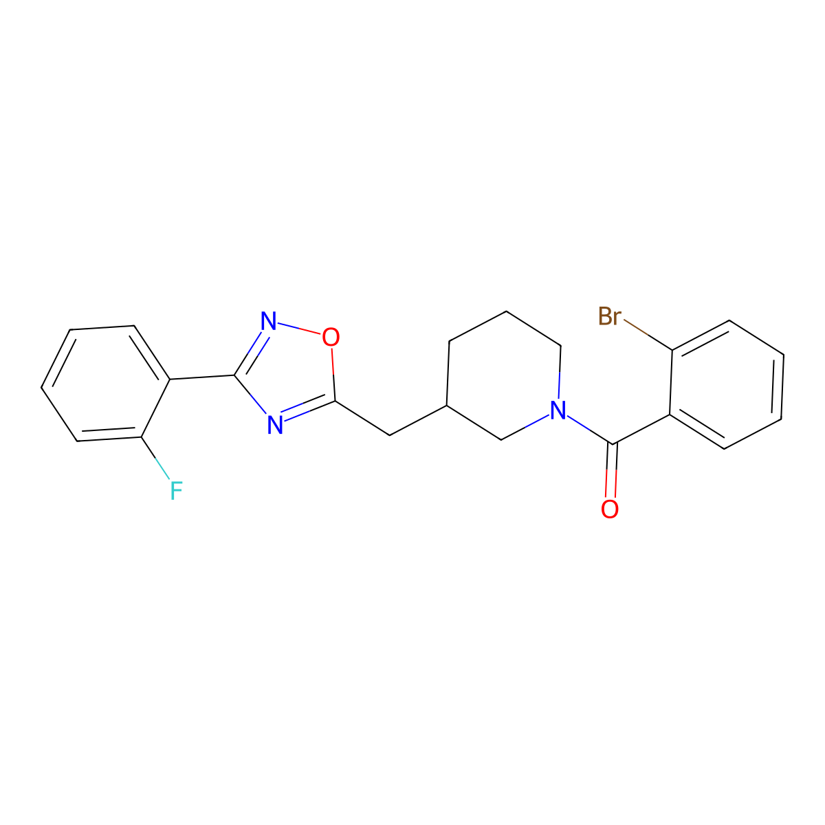 (2-Bromophenyl)(3-((3-(2-fluorophenyl)-1,2,4-oxadiazol-5-yl)methyl)piperidin-1-yl)methanone molecular structure, CAS 1705444-18-3