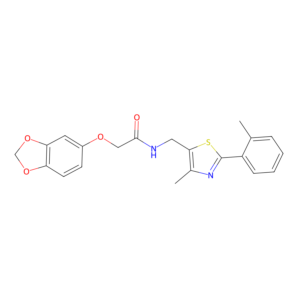 2-(benzo[d][1,3]dioxol-5-yloxy)-N-((4-methyl-2-(o-tolyl)thiazol-5-yl)methyl)acetamide molecular structure, CAS 1705460-16-7