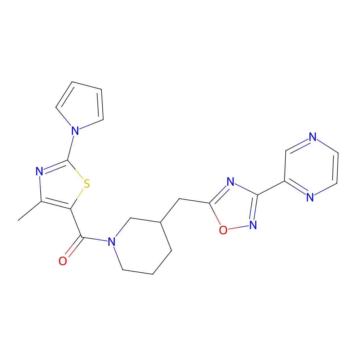(4-methyl-2-(1H-pyrrol-1-yl)thiazol-5-yl)(3-((3-(pyrazin-2-yl)-1,2,4-oxadiazol-5-yl)methyl)piperidin-1-yl)methanone molecular structure, CAS 1705460-75-8
