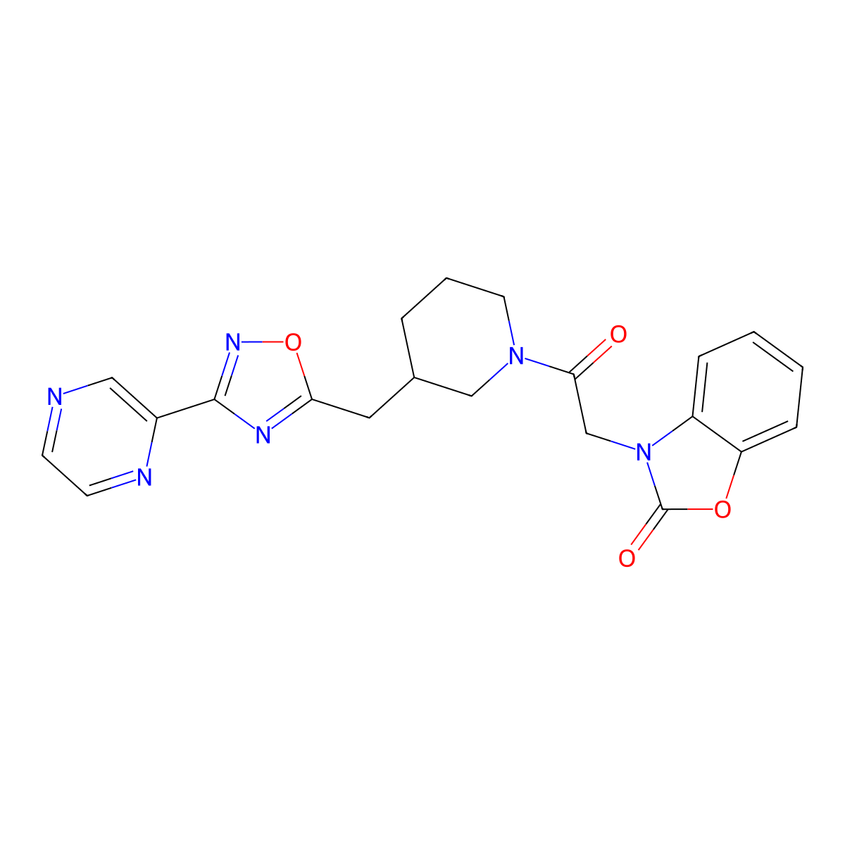 3-(2-oxo-2-(3-((3-(pyrazin-2-yl)-1,2,4-oxadiazol-5-yl)methyl)piperidin-1-yl)ethyl)benzo[d]oxazol-2(3H)-one molecular structure, CAS 1705461-21-7