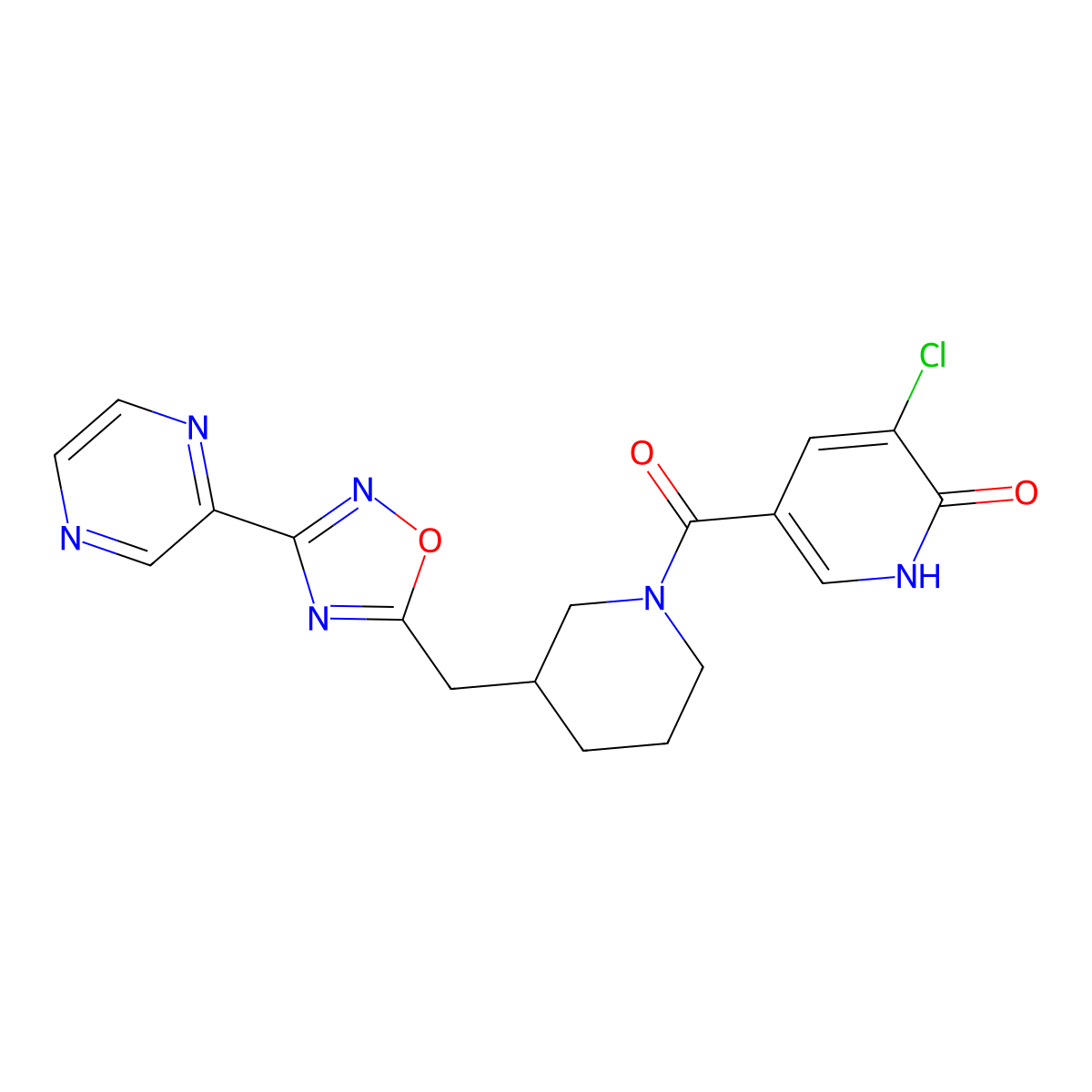 (5-Chloro-6-hydroxypyridin-3-yl)(3-((3-(pyrazin-2-yl)-1,2,4-oxadiazol-5-yl)methyl)piperidin-1-yl)methanone molecular structure, CAS 1705461-37-5
