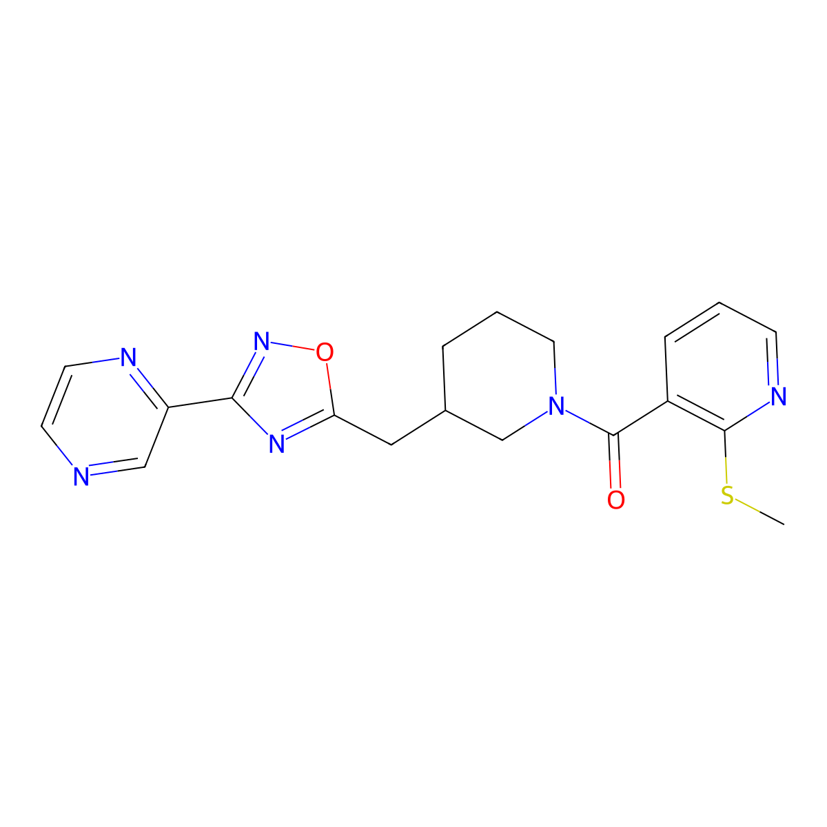 (2-(Methylthio)pyridin-3-yl)(3-((3-(pyrazin-2-yl)-1,2,4-oxadiazol-5-yl)methyl)piperidin-1-yl)methanone molecular structure, CAS 1705461-53-5