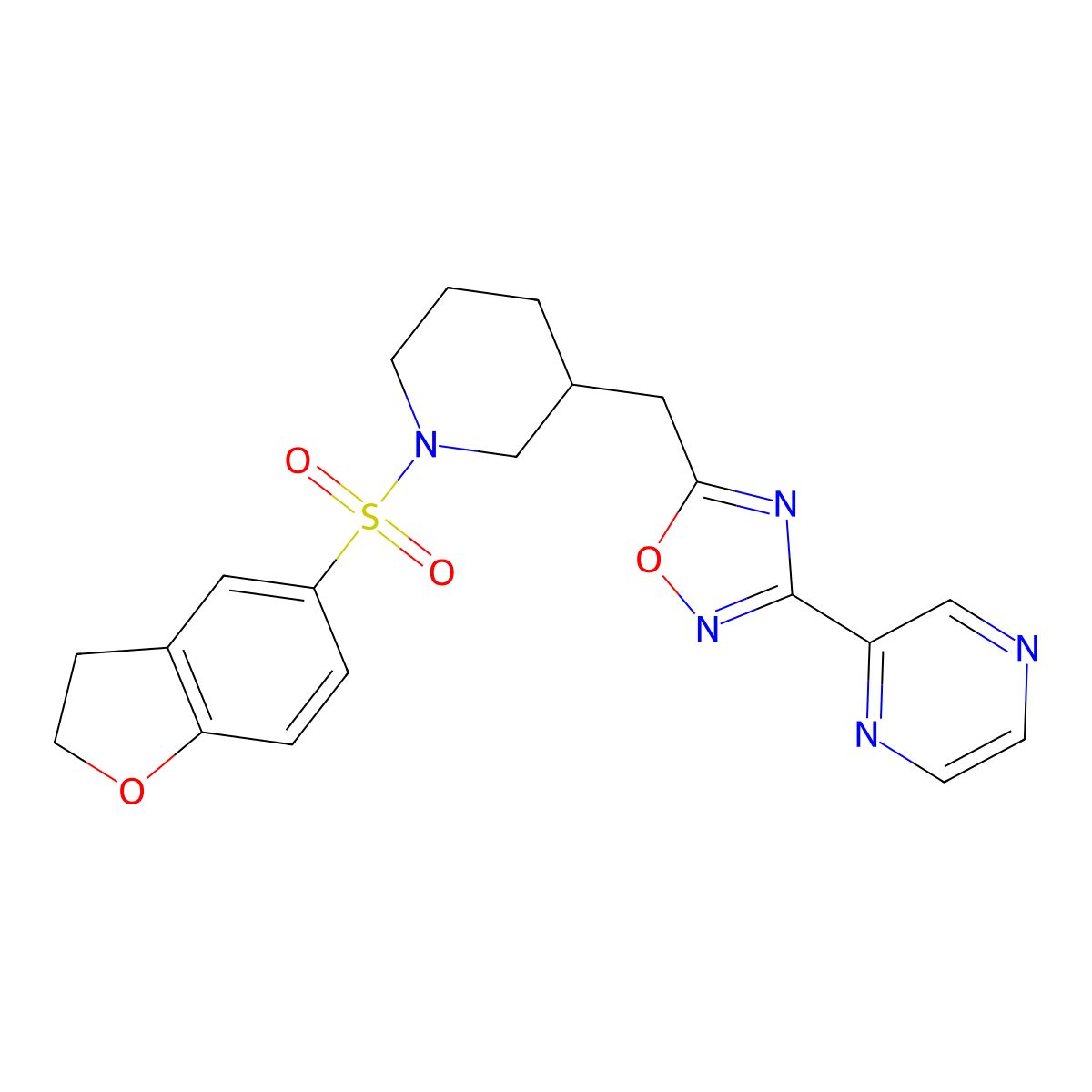 5-((1-((2,3-Dihydrobenzofuran-5-yl)sulfonyl)piperidin-3-yl)methyl)-3-(pyrazin-2-yl)-1,2,4-oxadiazole molecular structure, CAS 1705461-96-6