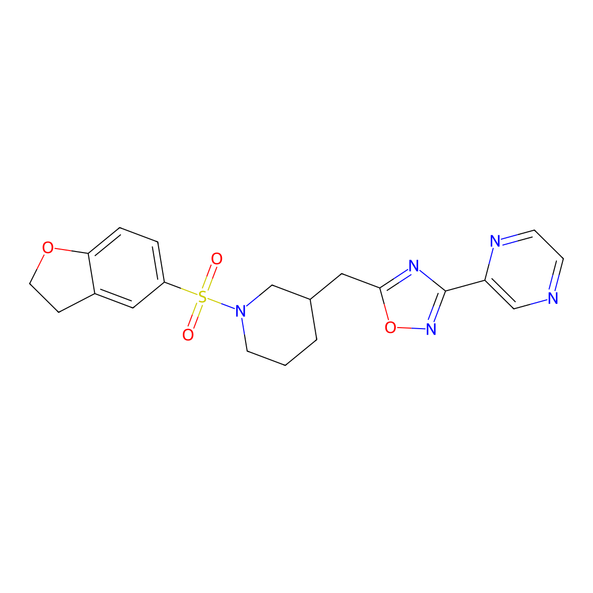 5-((1-((2,3-Dihydrobenzofuran-5-yl)sulfonyl)piperidin-3-yl)methyl)-3-(pyrazin-2-yl)-1,2,4-oxadiazole molecular structure, CAS 1705461-96-6
