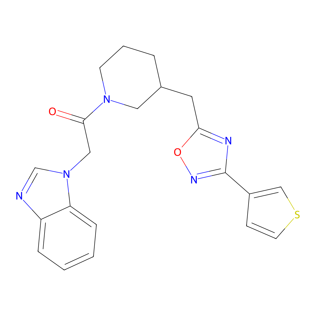2-(1H-benzo[d]imidazol-1-yl)-1-(3-((3-(thiophen-3-yl)-1,2,4-oxadiazol-5-yl)methyl)piperidin-1-yl)ethanone molecular structure, CAS 1705462-03-8