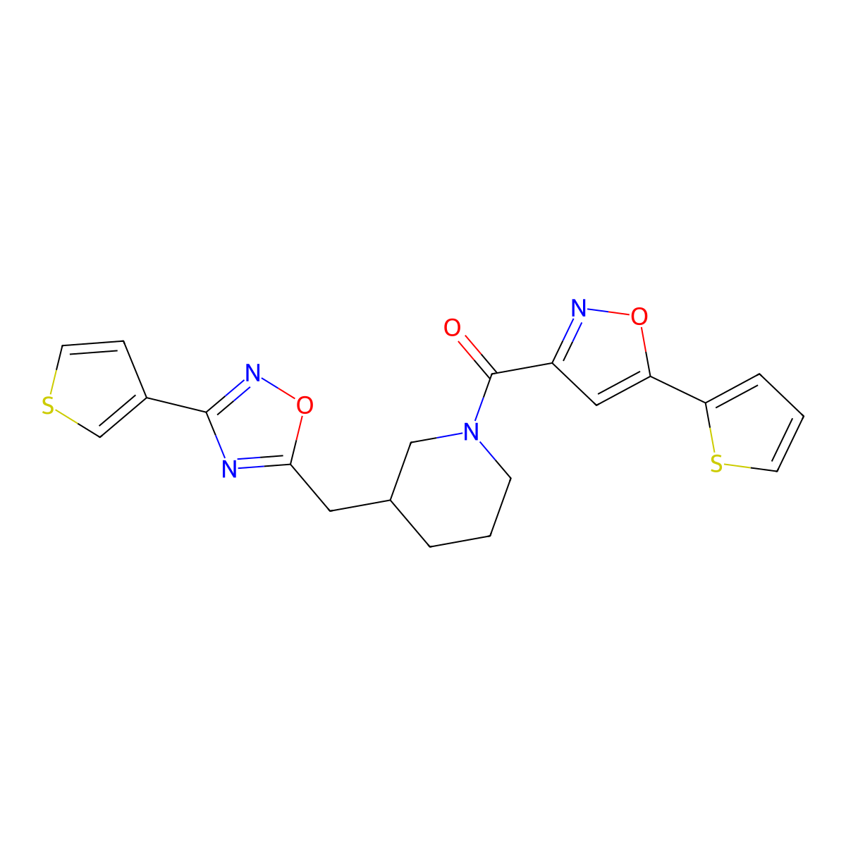 (5-(Thiophen-2-yl)isoxazol-3-yl)(3-((3-(thiophen-3-yl)-1,2,4-oxadiazol-5-yl)methyl)piperidin-1-yl)methanone molecular structure, CAS 1705462-38-9
