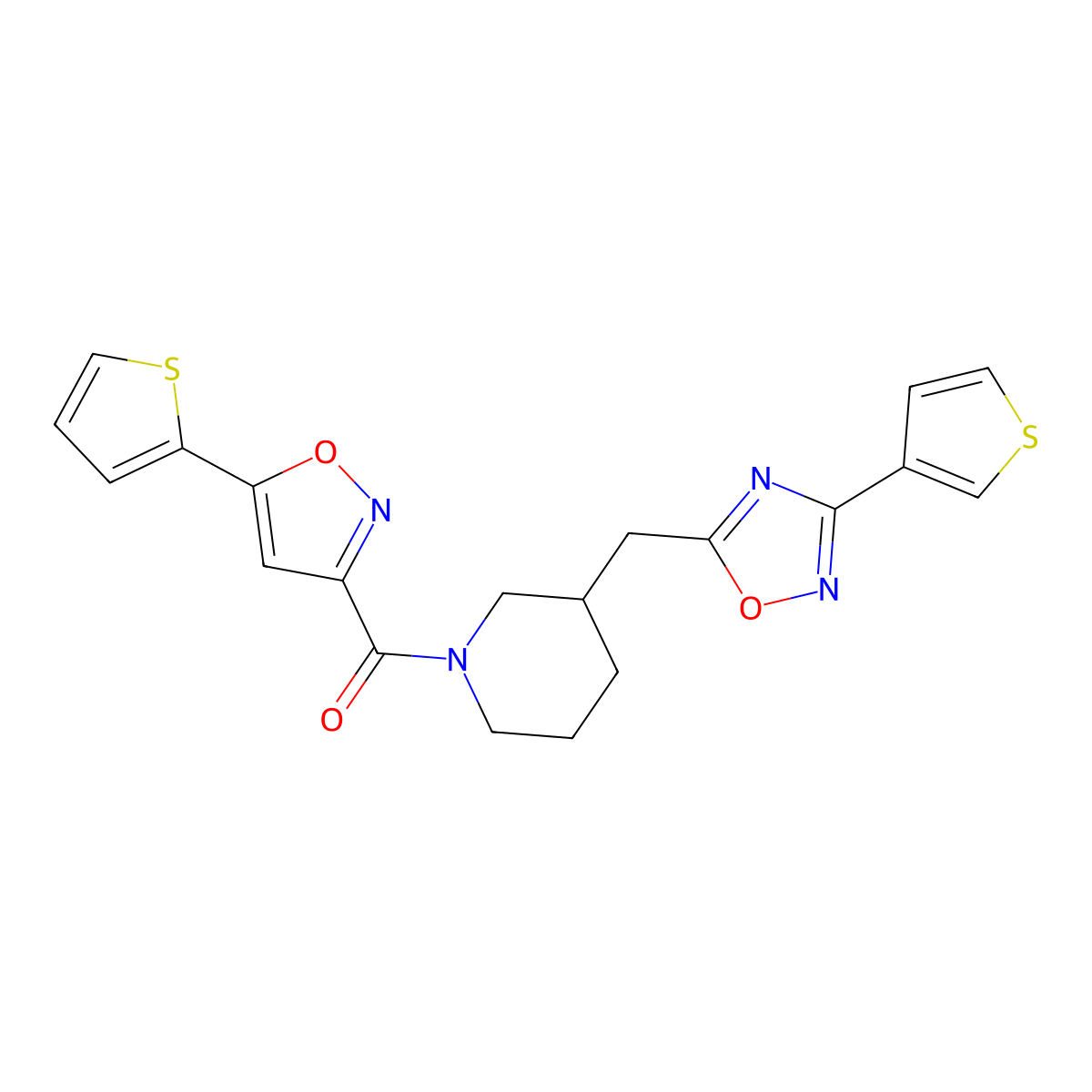 (5-(Thiophen-2-yl)isoxazol-3-yl)(3-((3-(thiophen-3-yl)-1,2,4-oxadiazol-5-yl)methyl)piperidin-1-yl)methanone molecular structure, CAS 1705462-38-9