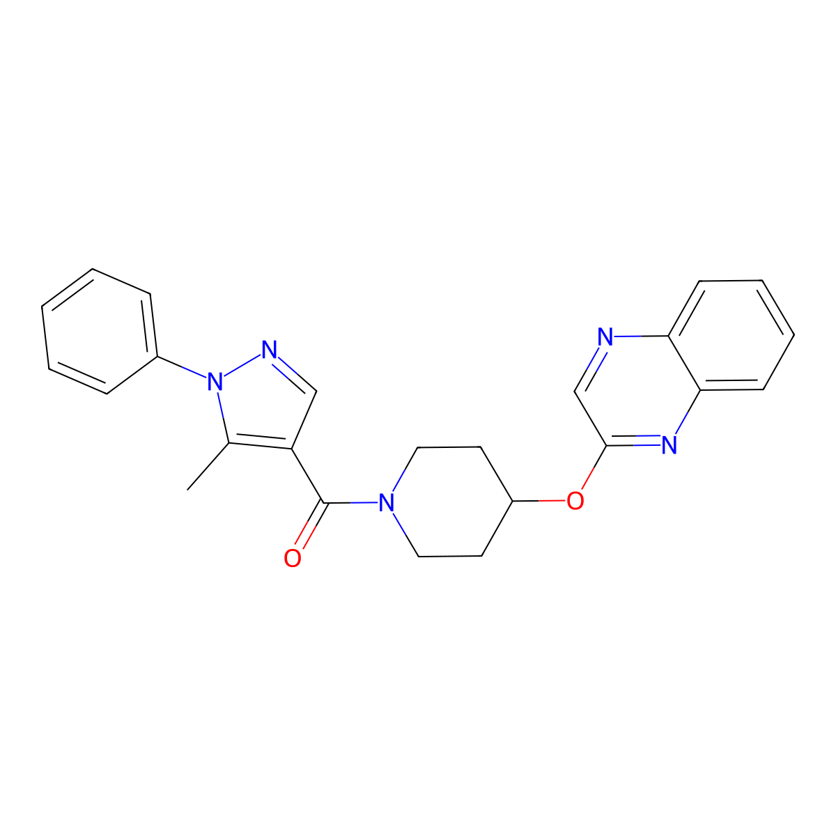 (5-methyl-1-phenyl-1H-pyrazol-4-yl)(4-(quinoxalin-2-yloxy)piperidin-1-yl)methanone molecular structure, CAS 1705463-94-0