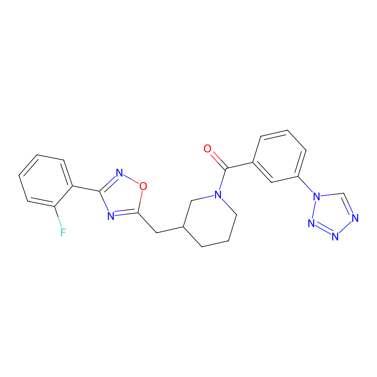 (3-(1H-tetrazol-1-yl)phenyl)(3-((3-(2-fluorophenyl)-1,2,4-oxadiazol-5-yl)methyl)piperidin-1-yl)methanone molecular structure, CAS 1705465-22-0
