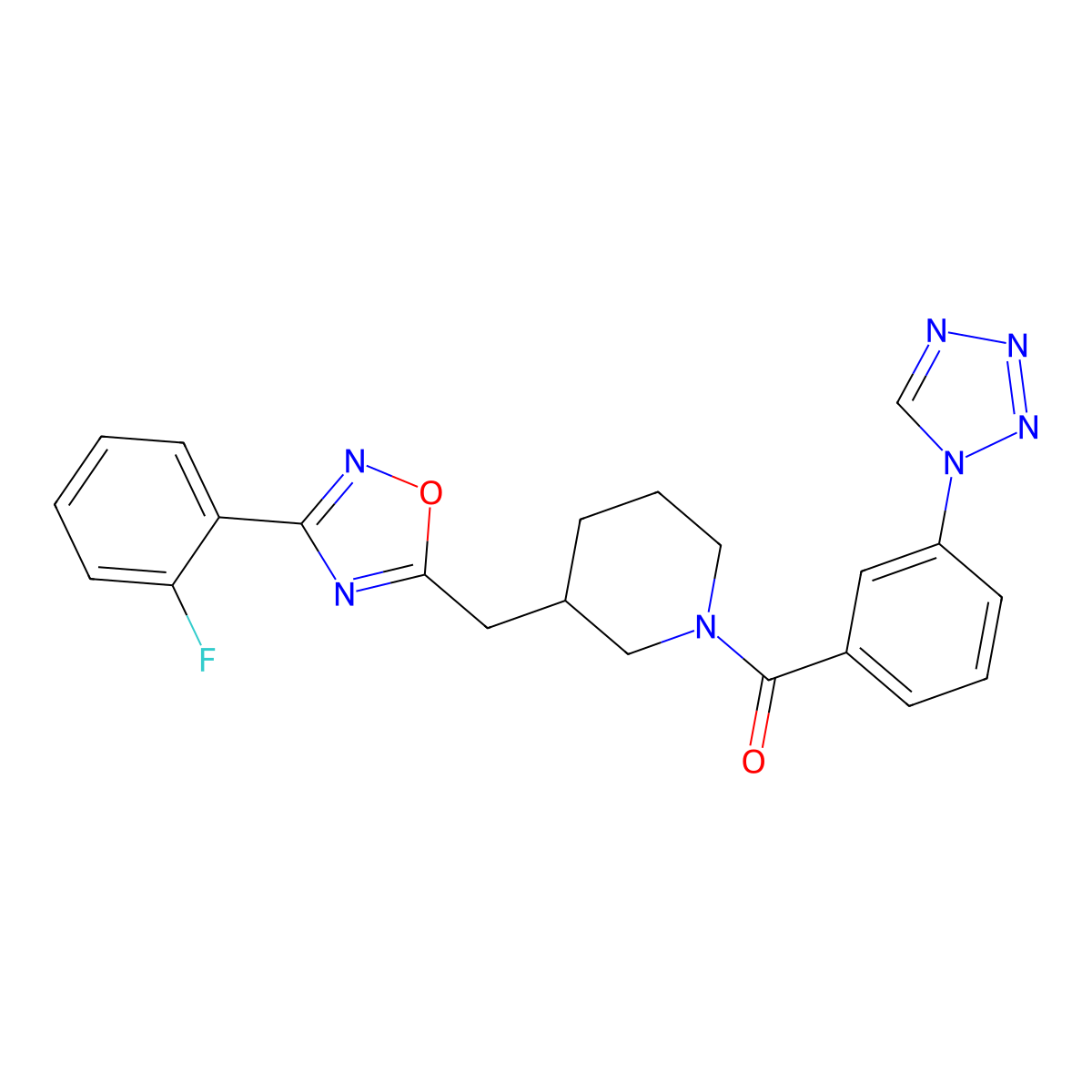 (3-(1H-tetrazol-1-yl)phenyl)(3-((3-(2-fluorophenyl)-1,2,4-oxadiazol-5-yl)methyl)piperidin-1-yl)methanone molecular structure, CAS 1705465-22-0
