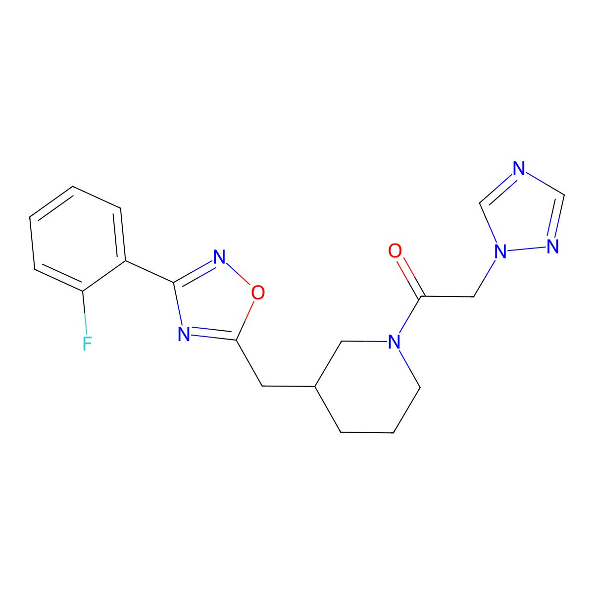 1-(3-((3-(2-fluorophenyl)-1,2,4-oxadiazol-5-yl)methyl)piperidin-1-yl)-2-(1H-1,2,4-triazol-1-yl)ethanone molecular structure, CAS 1705465-96-8