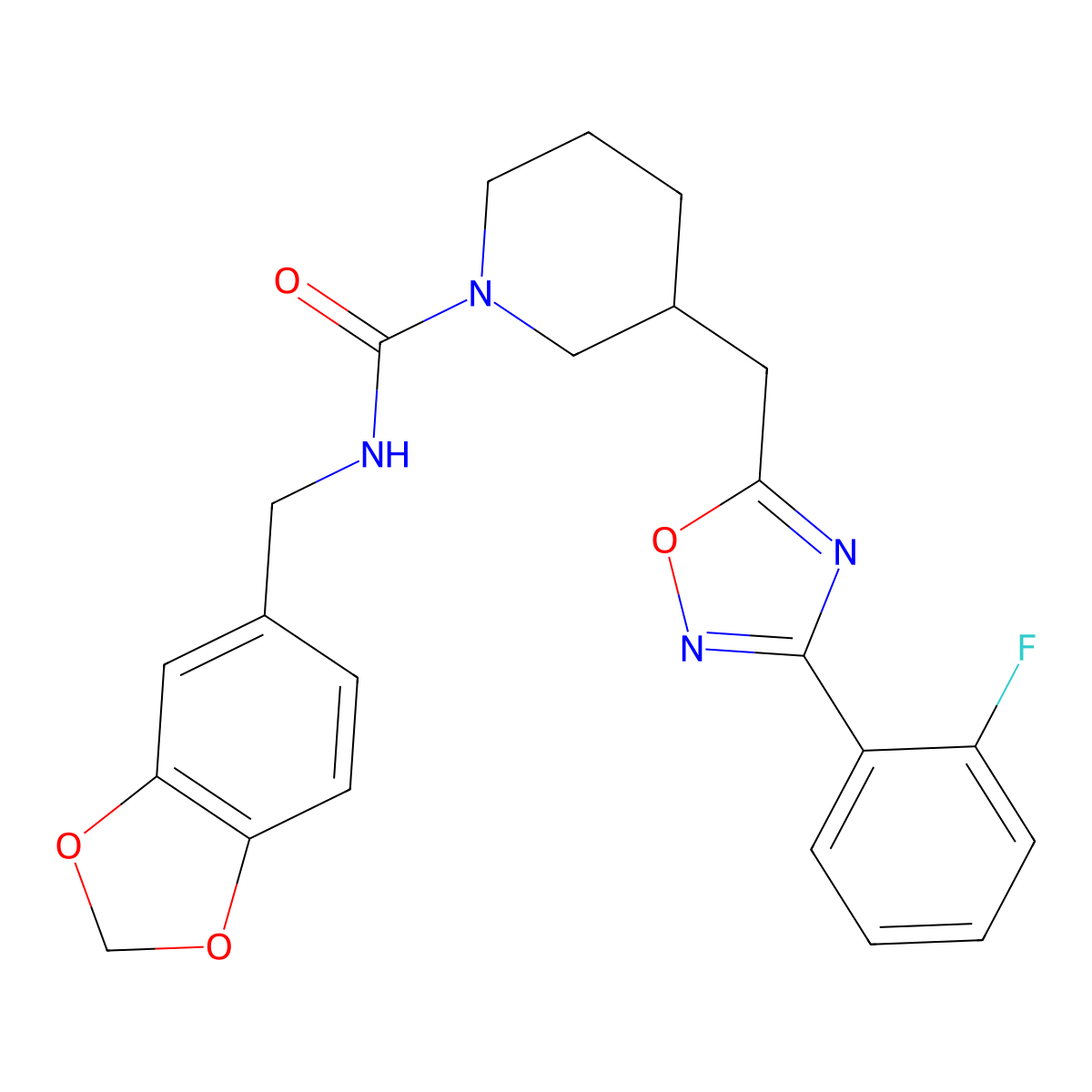N-(benzo[d][1,3]dioxol-5-ylmethyl)-3-((3-(2-fluorophenyl)-1,2,4-oxadiazol-5-yl)methyl)piperidine-1-carboxamide molecular structure, CAS 1705466-08-5