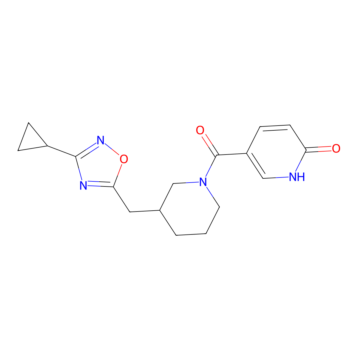 5-{3-[(3-Cyclopropyl-1,2,4-oxadiazol-5-yl)methyl]piperidine-1-carbonyl}-1,2-dihydropyridin-2-one molecular structure, CAS 1705466-13-2