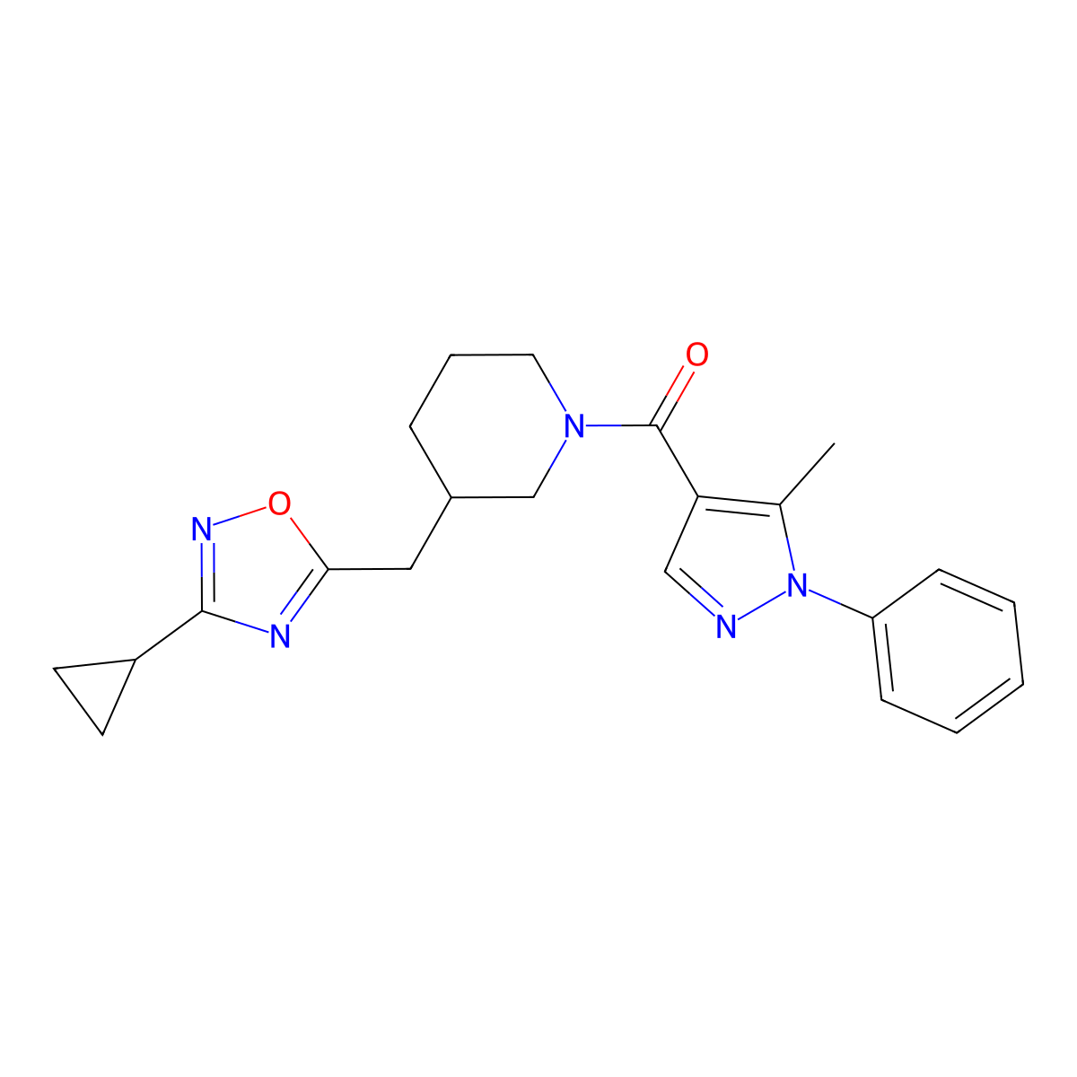 (3-((3-cyclopropyl-1,2,4-oxadiazol-5-yl)methyl)piperidin-1-yl)(5-methyl-1-phenyl-1H-pyrazol-4-yl)methanone molecular structure, CAS 1705466-20-1