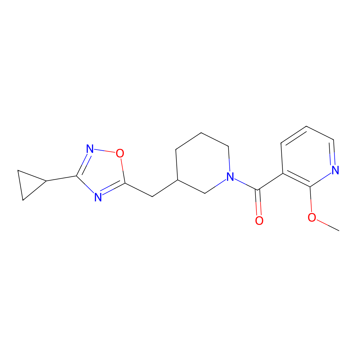 (3-((3-Cyclopropyl-1,2,4-oxadiazol-5-yl)methyl)piperidin-1-yl)(2-methoxypyridin-3-yl)methanone molecular structure, CAS 1705466-29-0