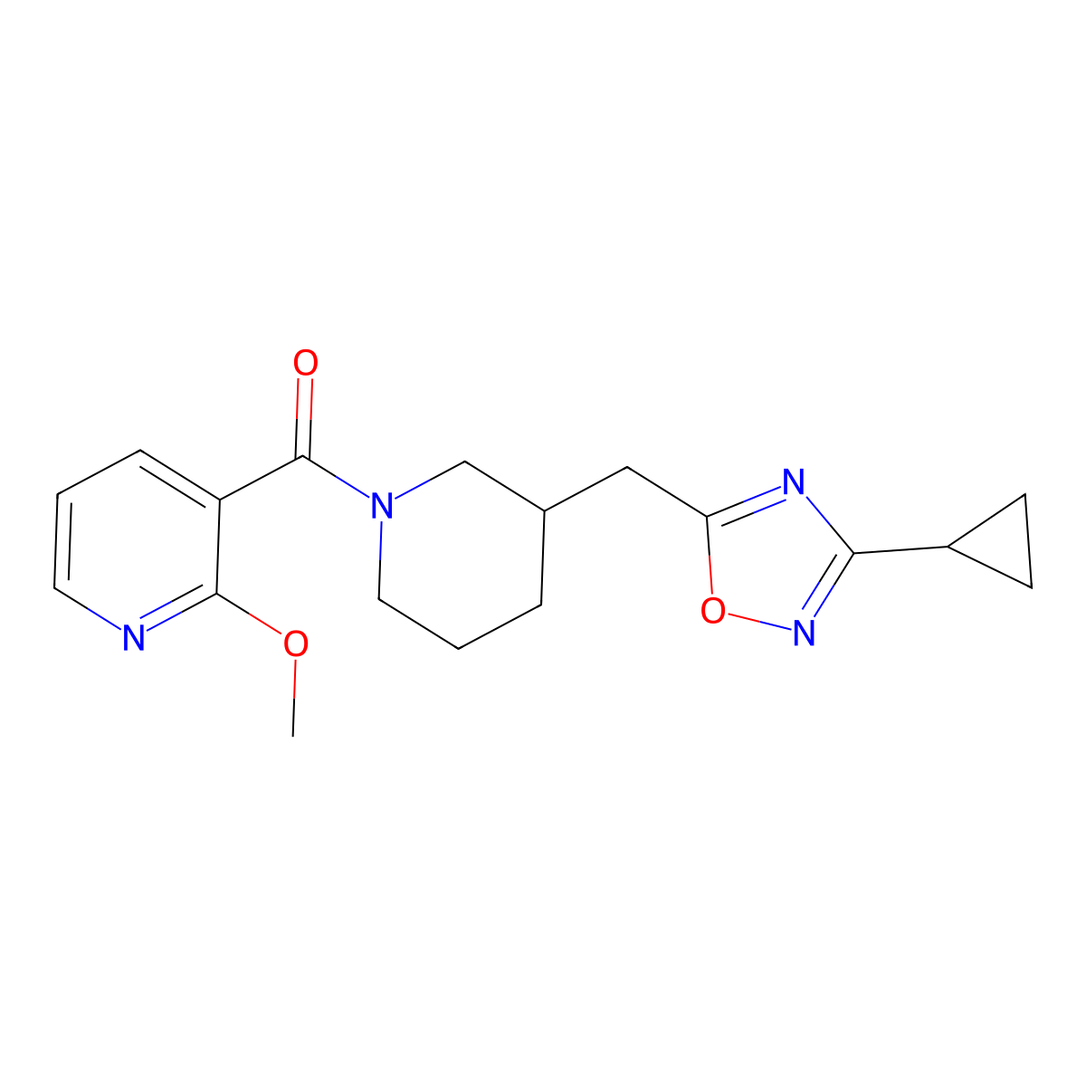 (3-((3-Cyclopropyl-1,2,4-oxadiazol-5-yl)methyl)piperidin-1-yl)(2-methoxypyridin-3-yl)methanone molecular structure, CAS 1705466-29-0