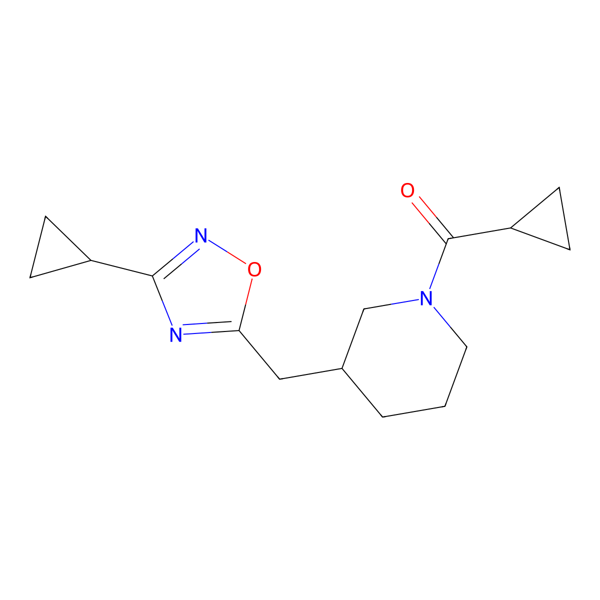 Cyclopropyl(3-((3-cyclopropyl-1,2,4-oxadiazol-5-yl)methyl)piperidin-1-yl)methanone molecular structure, CAS 1705466-40-5