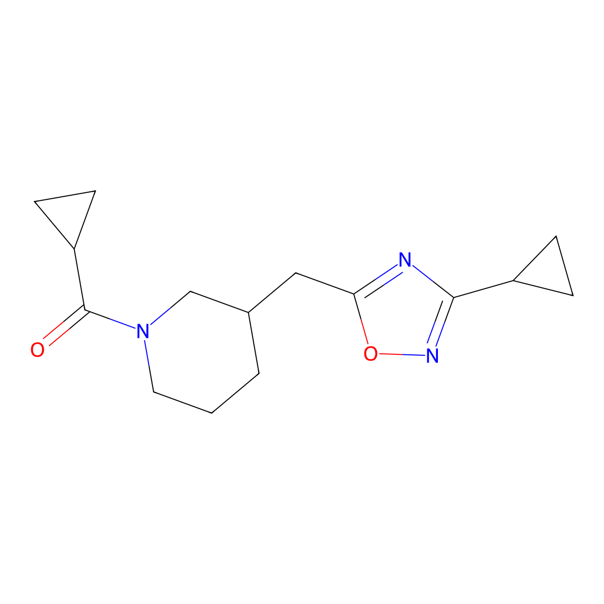 Cyclopropyl(3-((3-cyclopropyl-1,2,4-oxadiazol-5-yl)methyl)piperidin-1-yl)methanone molecular structure, CAS 1705466-40-5