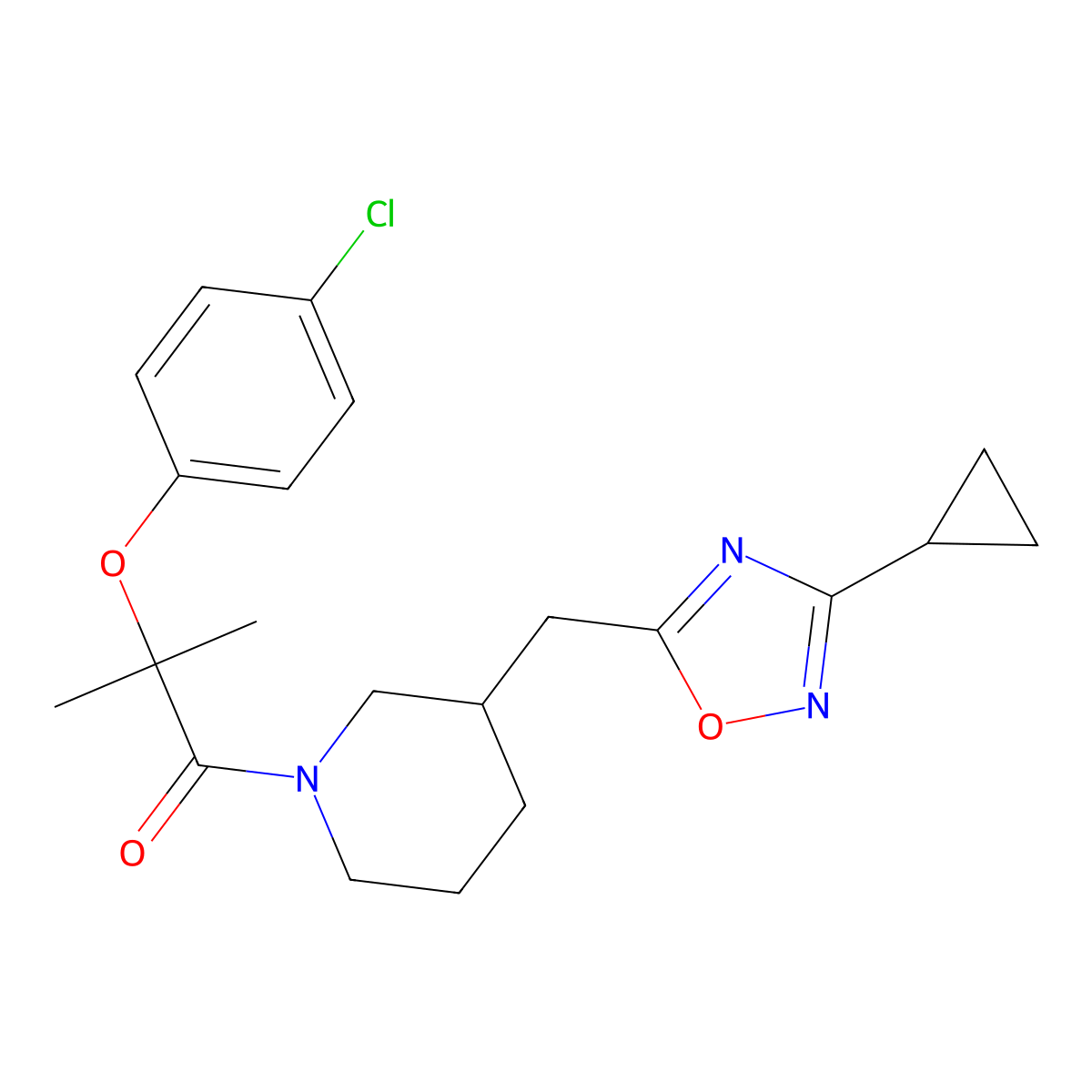 2-(4-Chlorophenoxy)-1-(3-((3-cyclopropyl-1,2,4-oxadiazol-5-yl)methyl)piperidin-1-yl)-2-methylpropan-1-one molecular structure, CAS 1705466-70-1
