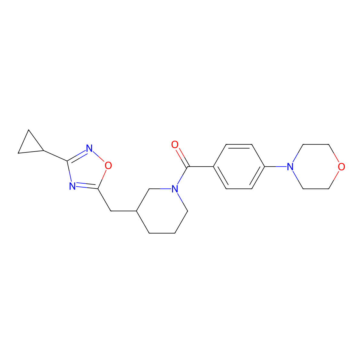 (3-((3-Cyclopropyl-1,2,4-oxadiazol-5-yl)methyl)piperidin-1-yl)(4-morpholinophenyl)methanone molecular structure, CAS 1705467-34-0