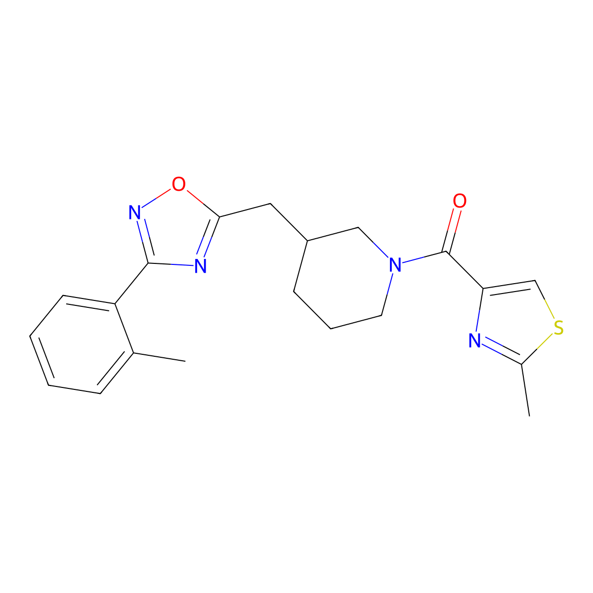 (2-Methylthiazol-4-yl)(3-((3-(o-tolyl)-1,2,4-oxadiazol-5-yl)methyl)piperidin-1-yl)methanone molecular structure, CAS 1705468-34-3