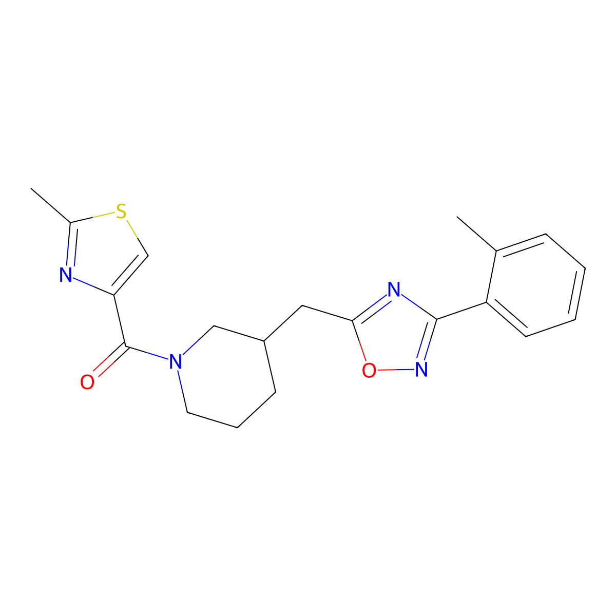 (2-Methylthiazol-4-yl)(3-((3-(o-tolyl)-1,2,4-oxadiazol-5-yl)methyl)piperidin-1-yl)methanone molecular structure, CAS 1705468-34-3