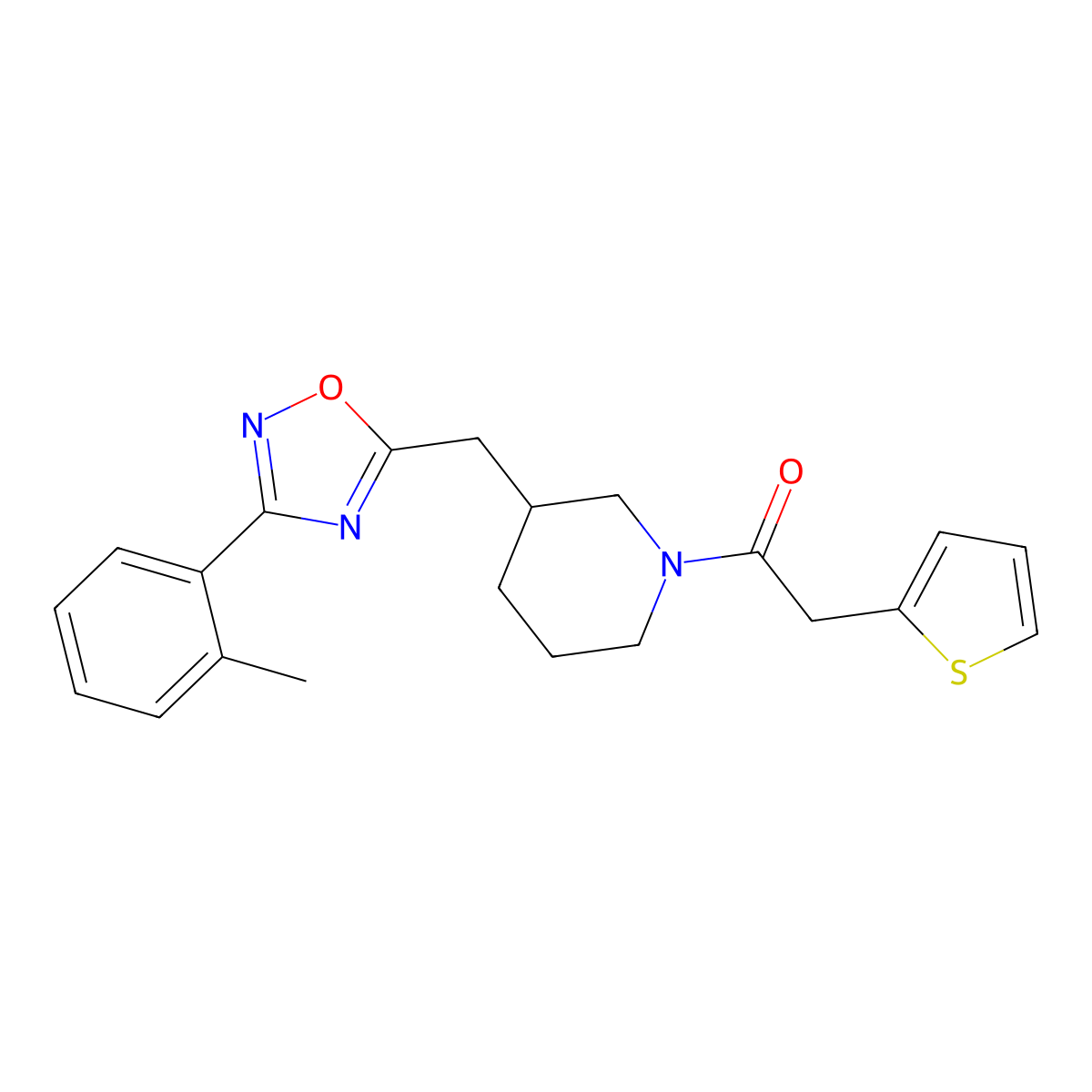 2-(Thiophen-2-yl)-1-(3-((3-(o-tolyl)-1,2,4-oxadiazol-5-yl)methyl)piperidin-1-yl)ethanone molecular structure, CAS 1705468-89-8
