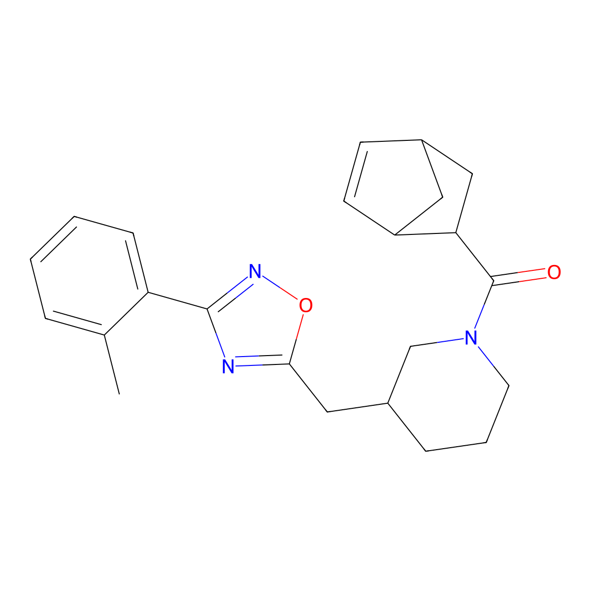 Bicyclo[2.2.1]hept-5-en-2-yl(3-((3-(o-tolyl)-1,2,4-oxadiazol-5-yl)methyl)piperidin-1-yl)methanone molecular structure, CAS 1705469-00-6