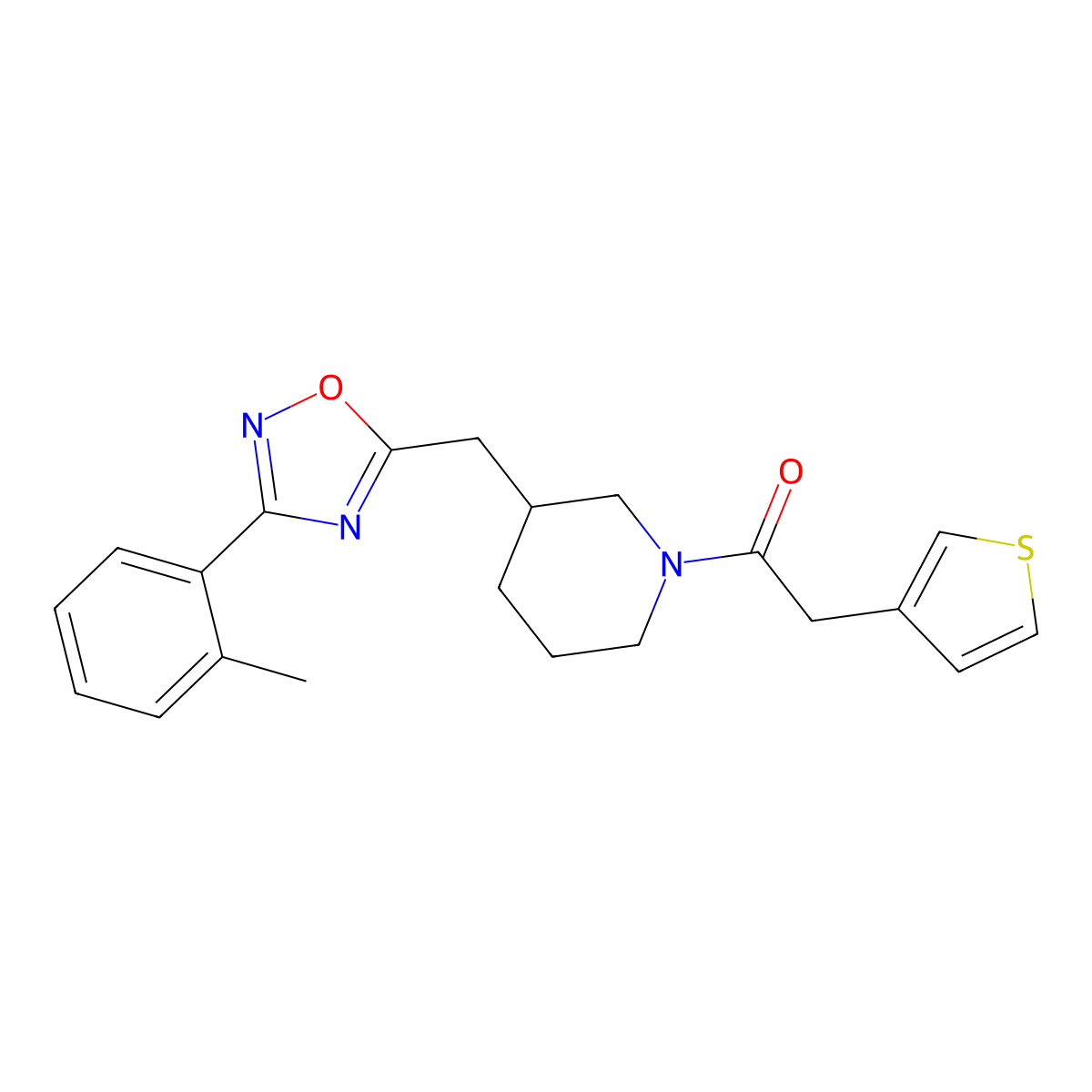 2-(Thiophen-3-yl)-1-(3-((3-(o-tolyl)-1,2,4-oxadiazol-5-yl)methyl)piperidin-1-yl)ethanone molecular structure, CAS 1705469-05-1