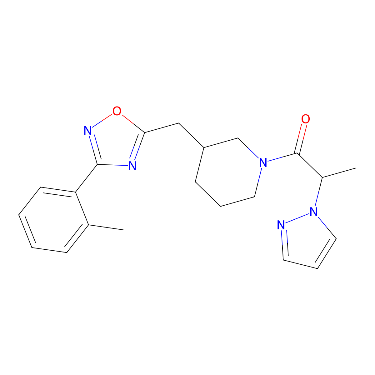 2-(1H-pyrazol-1-yl)-1-(3-((3-(o-tolyl)-1,2,4-oxadiazol-5-yl)methyl)piperidin-1-yl)propan-1-one molecular structure, CAS 1705469-13-1