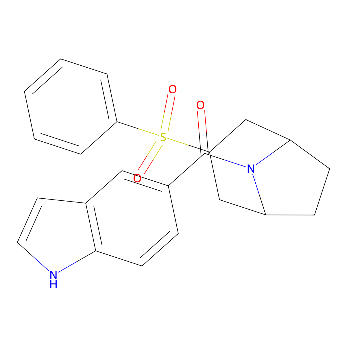5-[3-(benzenesulfonyl)-8-azabicyclo[3.2.1]octane-8-carbonyl]-1H-indole molecular structure, CAS 1705478-22-3