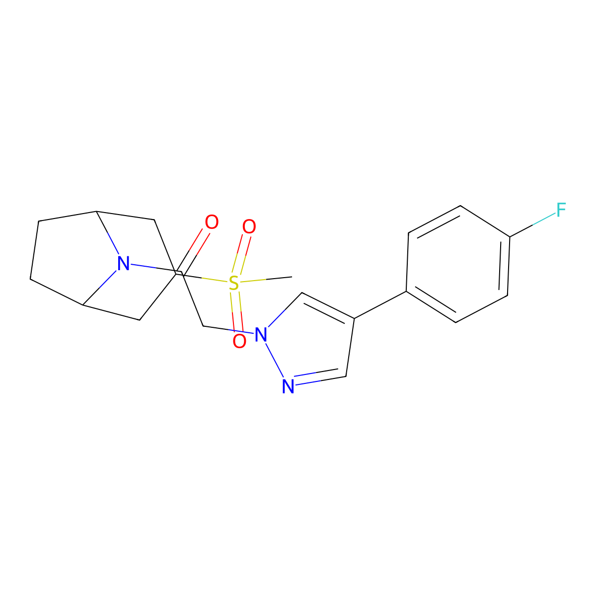 2-(4-(4-fluorophenyl)-1H-pyrazol-1-yl)-1-((1R,5S)-3-(methylsulfonyl)-8-azabicyclo[3.2.1]octan-8-yl)ethanone molecular structure, CAS 1705483-43-7