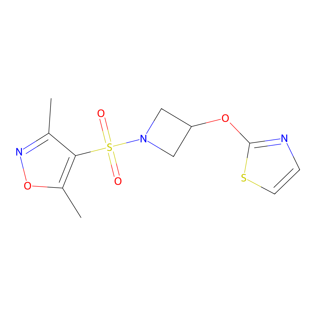 3,5-Dimethyl-4-((3-(thiazol-2-yloxy)azetidin-1-yl)sulfonyl)isoxazole molecular structure, CAS 1705501-99-0