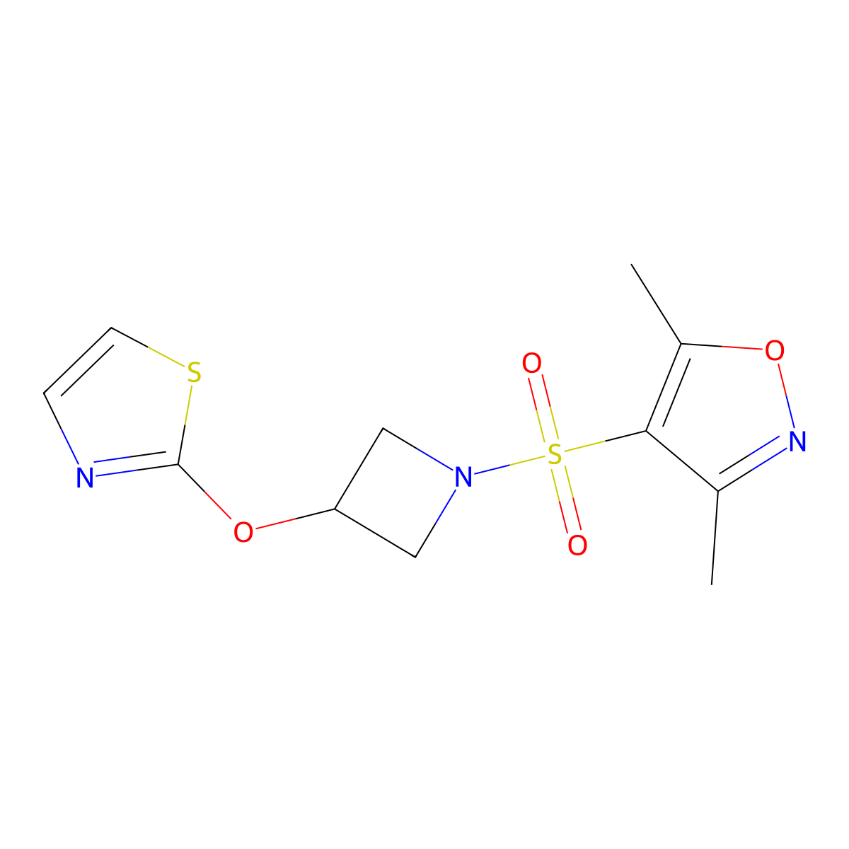 3,5-Dimethyl-4-((3-(thiazol-2-yloxy)azetidin-1-yl)sulfonyl)isoxazole molecular structure, CAS 1705501-99-0