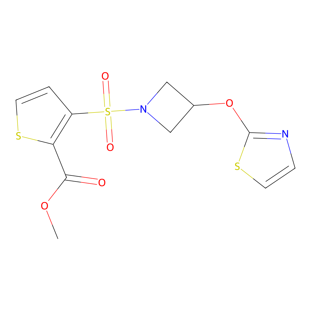 Methyl 3-((3-(thiazol-2-yloxy)azetidin-1-yl)sulfonyl)thiophene-2-carboxylate molecular structure, CAS 1705502-30-2