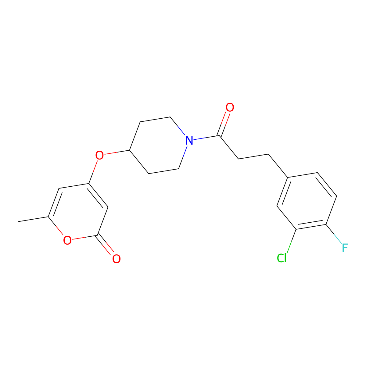 4-((1-(3-(3-chloro-4-fluorophenyl)propanoyl)piperidin-4-yl)oxy)-6-methyl-2H-pyran-2-one molecular structure, CAS 1705503-86-1