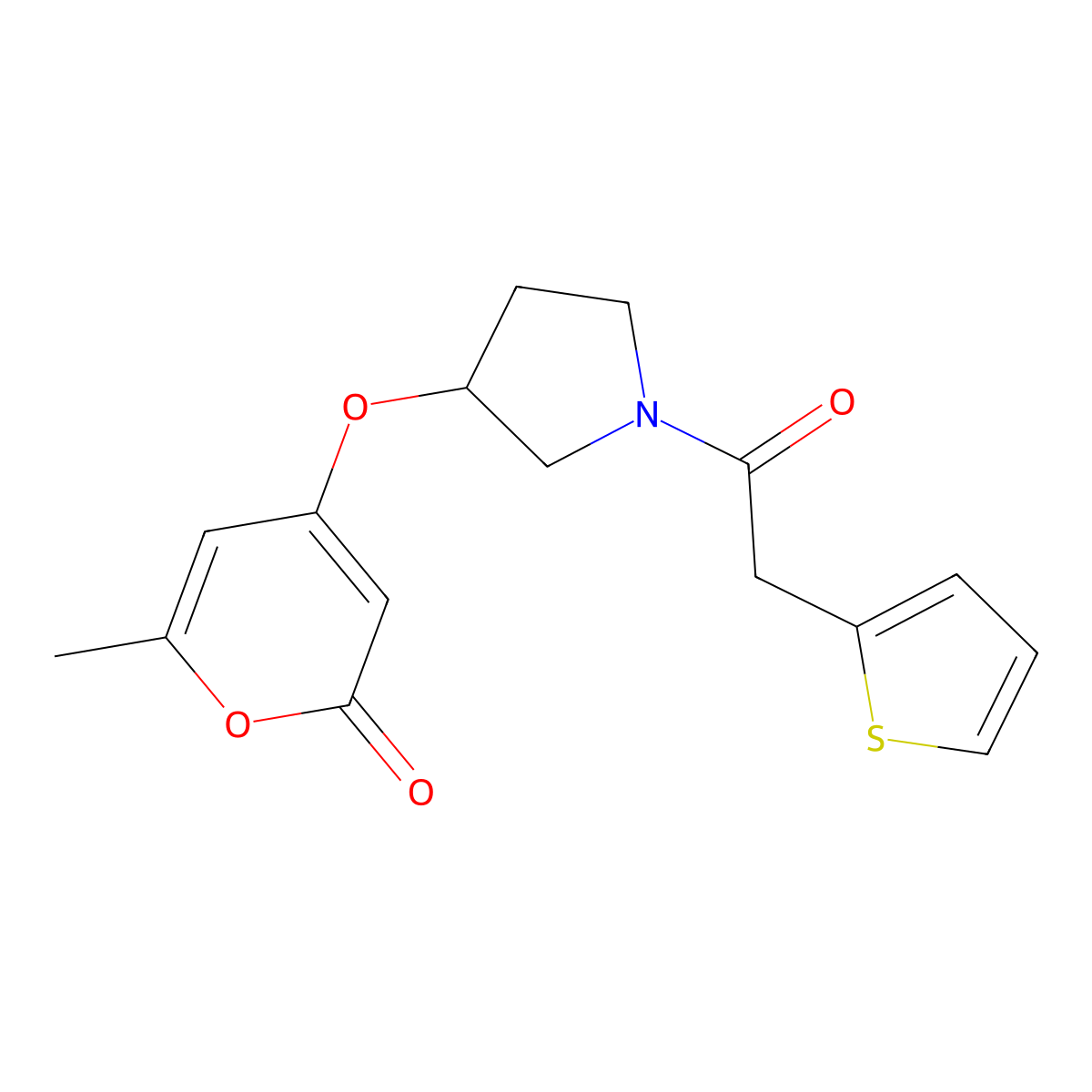 6-methyl-4-((1-(2-(thiophen-2-yl)acetyl)pyrrolidin-3-yl)oxy)-2H-pyran-2-one molecular structure, CAS 1705506-36-0