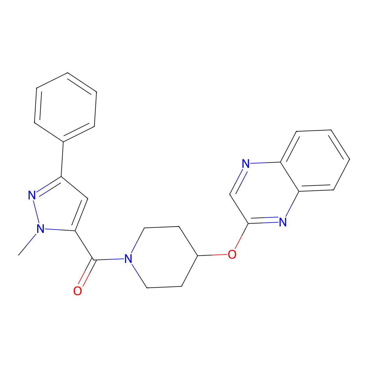 (1-methyl-3-phenyl-1H-pyrazol-5-yl)(4-(quinoxalin-2-yloxy)piperidin-1-yl)methanone molecular structure, CAS 1705506-85-9