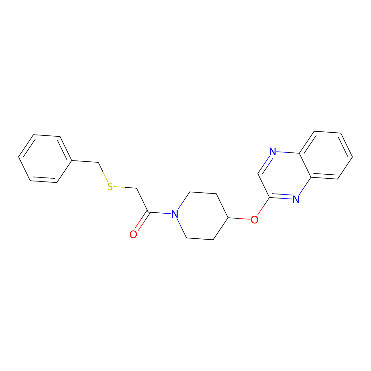 2-(Benzylthio)-1-(4-(quinoxalin-2-yloxy)piperidin-1-yl)ethanone molecular structure, CAS 1705507-35-2