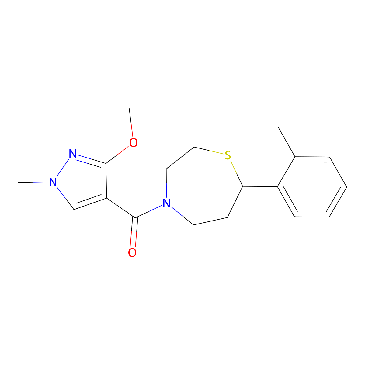 (3-methoxy-1-methyl-1H-pyrazol-4-yl)(7-(o-tolyl)-1,4-thiazepan-4-yl)methanone molecular structure, CAS 1705509-40-5