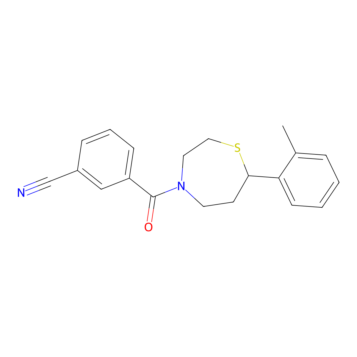 3-(7-(o-Tolyl)-1,4-thiazepane-4-carbonyl)benzonitrile molecular structure, CAS 1705509-50-7