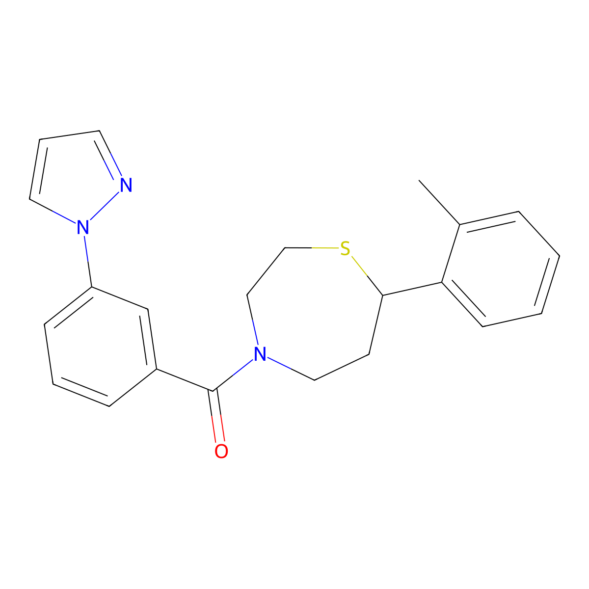 (3-(1H-pyrazol-1-yl)phenyl)(7-(o-tolyl)-1,4-thiazepan-4-yl)methanone molecular structure, CAS 1705509-59-6