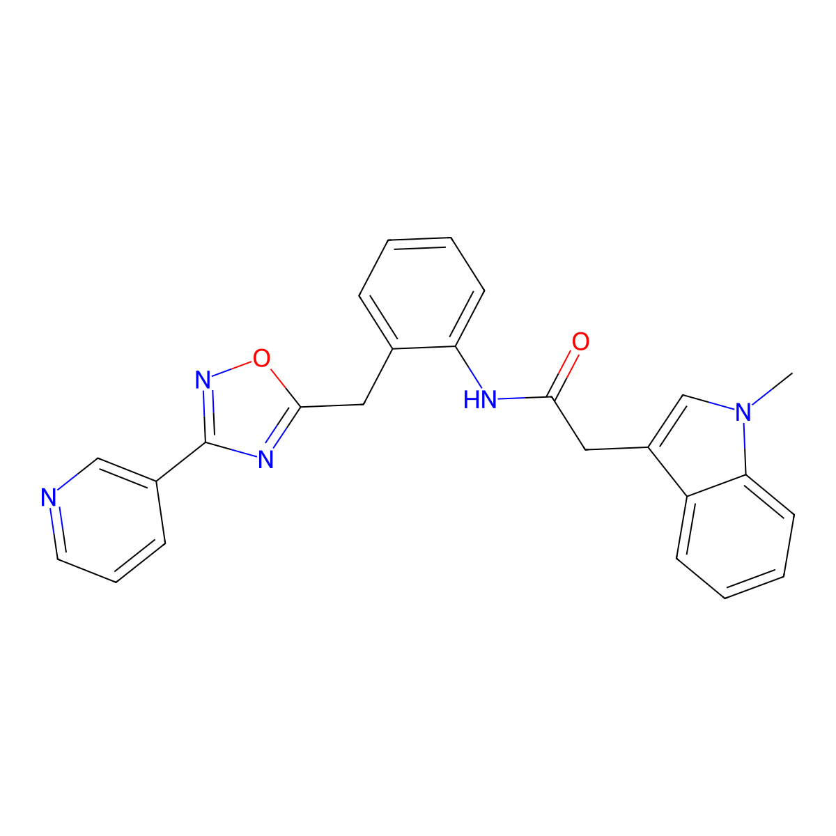 2-(1-methyl-1H-indol-3-yl)-N-(2-((3-(pyridin-3-yl)-1,2,4-oxadiazol-5-yl)methyl)phenyl)acetamide molecular structure, CAS 1705510-10-6