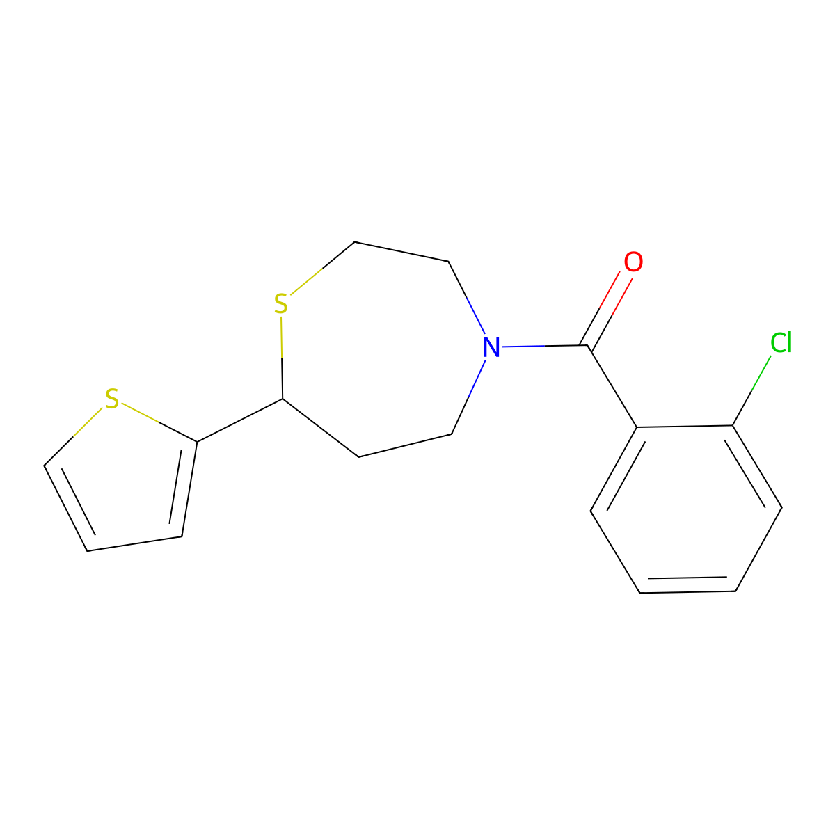 (2-Chlorophenyl)(7-(thiophen-2-yl)-1,4-thiazepan-4-yl)methanone molecular structure, CAS 1705511-63-2