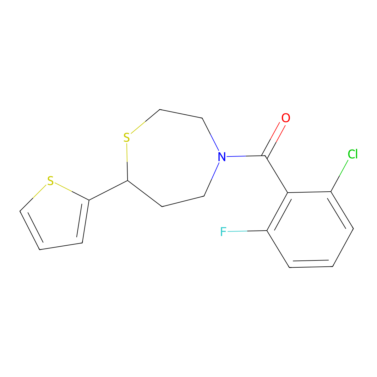(2-Chloro-6-fluorophenyl)(7-(thiophen-2-yl)-1,4-thiazepan-4-yl)methanone molecular structure, CAS 1705511-78-9