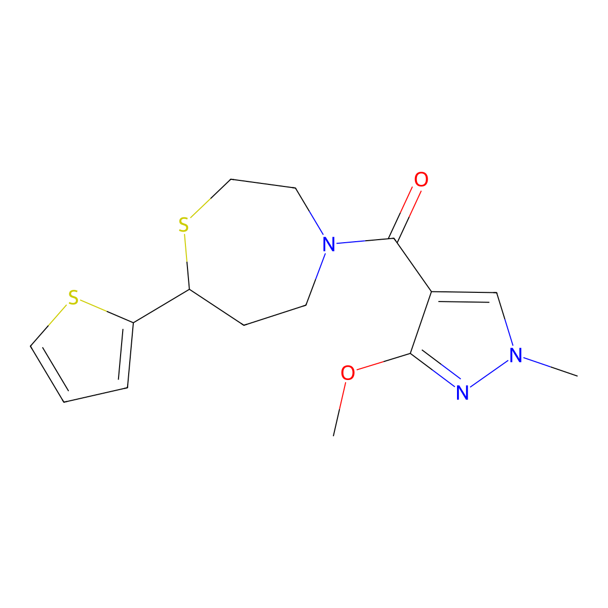 (3-methoxy-1-methyl-1H-pyrazol-4-yl)(7-(thiophen-2-yl)-1,4-thiazepan-4-yl)methanone molecular structure, CAS 1705512-60-2